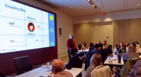 Instructor displays graph on screen showing how using empathy can make one a better leader